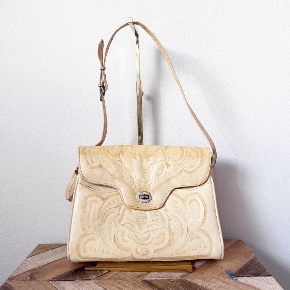 Avelar Hand Tooled Cream Leather Bag